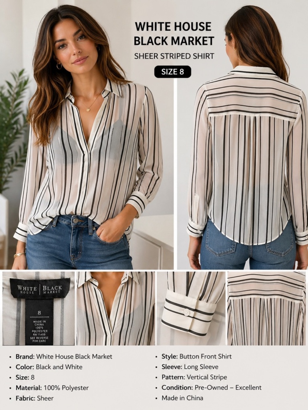 White House Black Market SHEER Black and White Striped Shirt Size 8